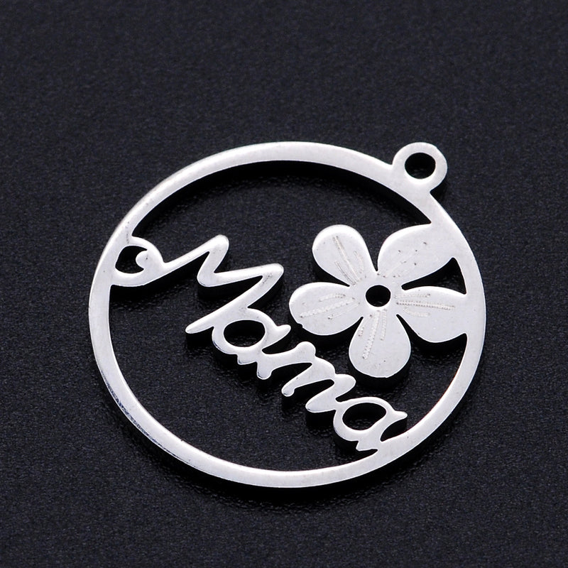 Stainless Steel Hollow Charm with Mama word and flower