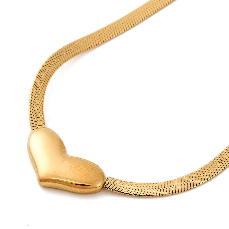 14k Gold Plated Stainless Steel Snake Chain Necklace with Heart