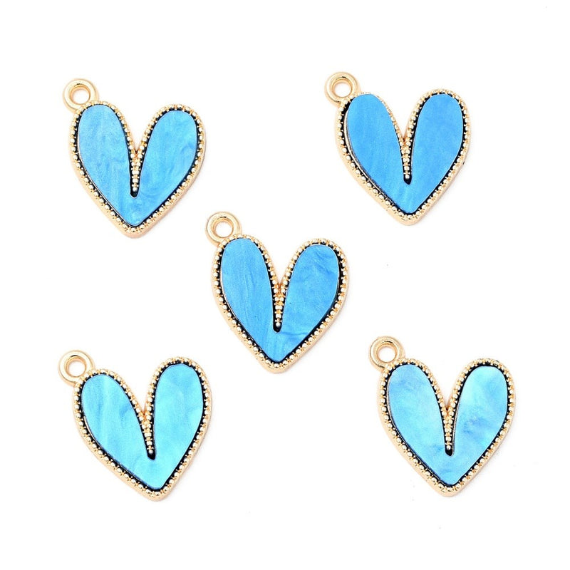 Alloy Light Gold Acrylic Blue Heart Pendants
