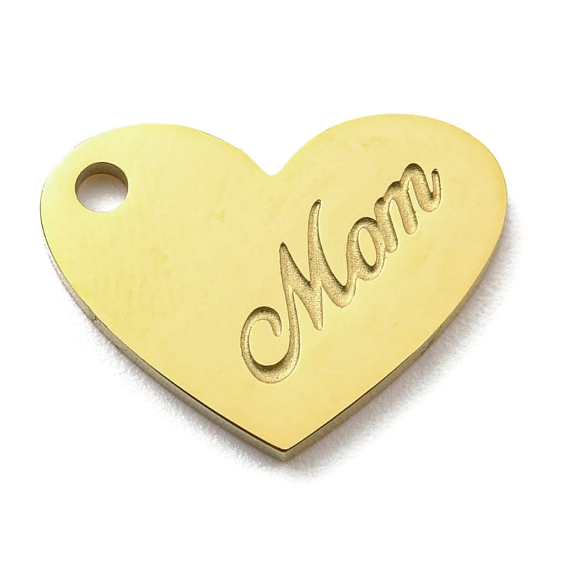 18k Gold Plated Stainless Steel Heart Charm with Mom word