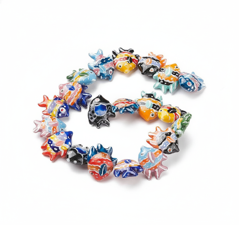 Handmade Ceramic Fish Beads Mixed Colors 2mm Hole (Sea Life Collection)