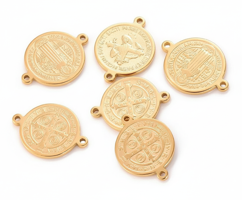 Stainless Steel Gold Saint Benedict Cross Medal Connector