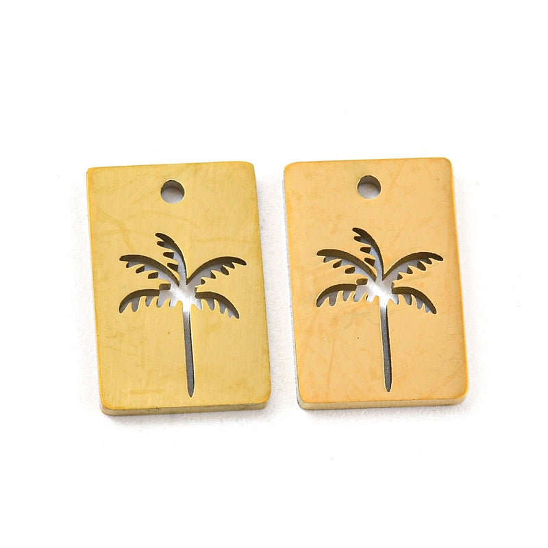 Stainless Steel Gold Rectangle Coconut Tree Charm