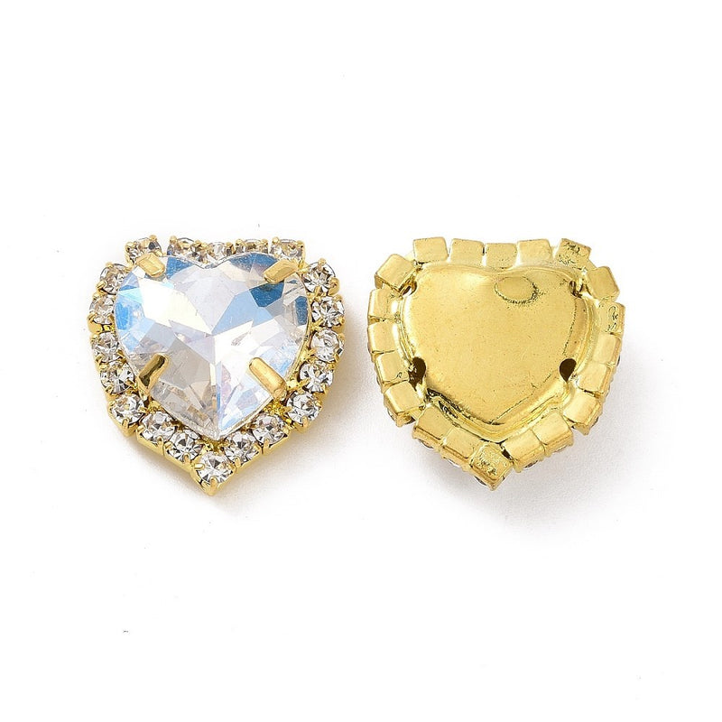 Brass Heart Sew-On Faceted Glass Clear Rhinestone (5 PCS)