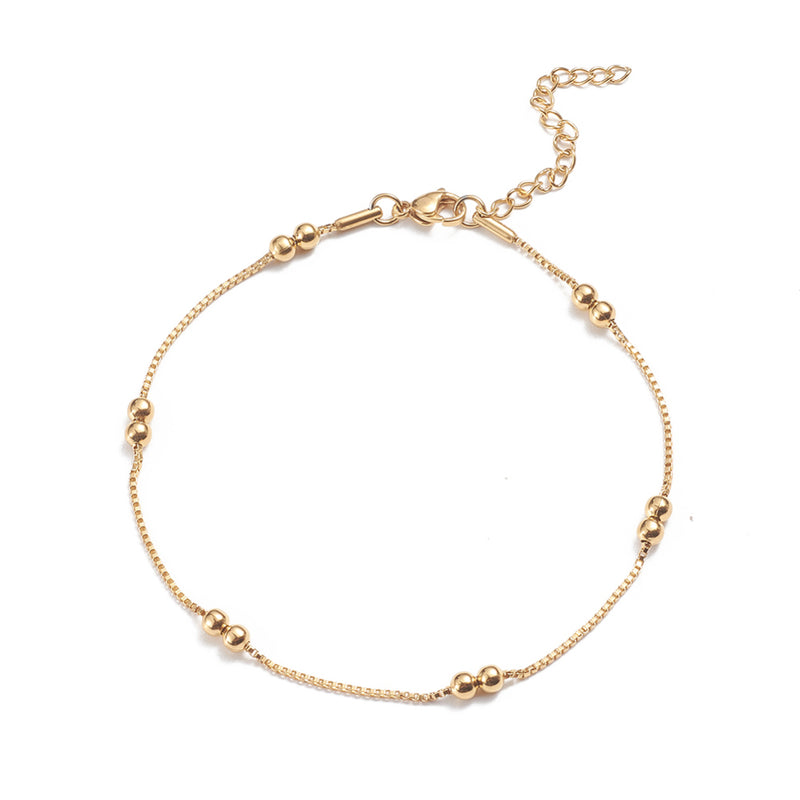 Stainless Steel Gold Box Chain Anklet with Round Beads