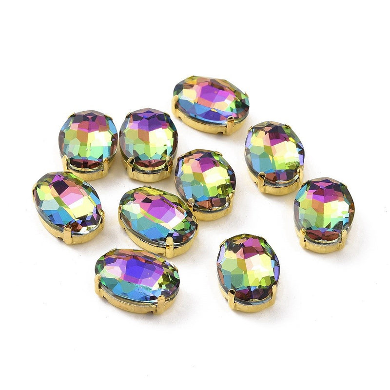 Stainless Steel Oval Sew-On Faceted Glass Multicolor Rhinestone (5 PCS)