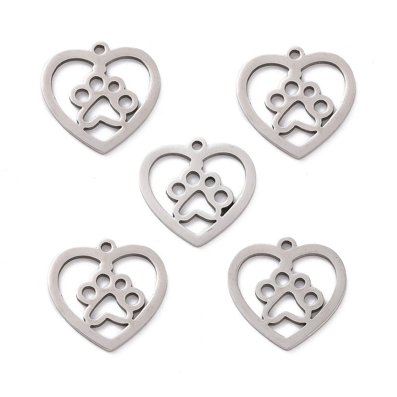 Stainless Steel Heart with Dog Paw Charm