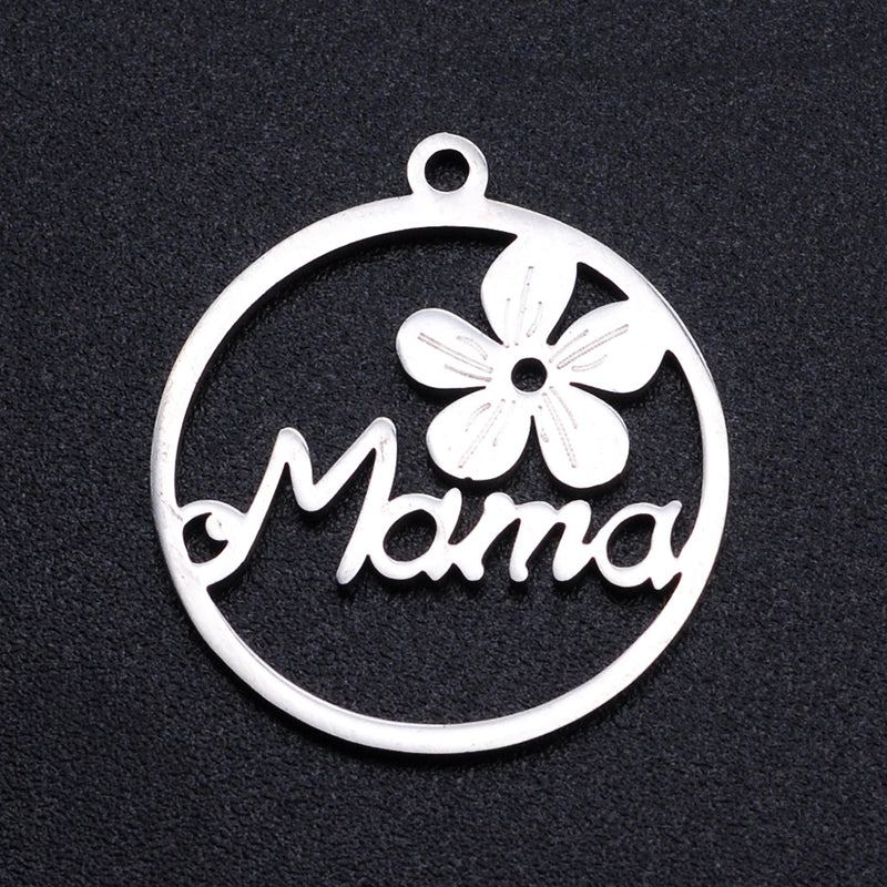 Stainless Steel Hollow Charm with Mama word and flower