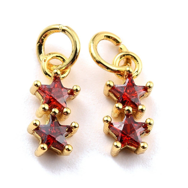 Brass Cubic Zirconia 18k Gold Plated Charm (Red Stars) Hole 3.8mm
