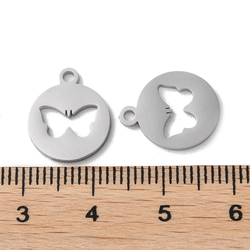 Stainless Steel Flat Round with Butterfly Charm