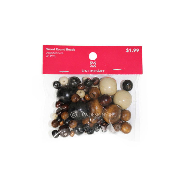 Wood Beads Round Assorted Size 6-20mm (45 PCS)