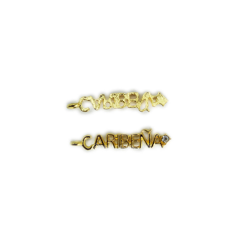 Alloy with Rhinestone Pendant Word Caribeña Gold Plated 25mm (2 PCS)