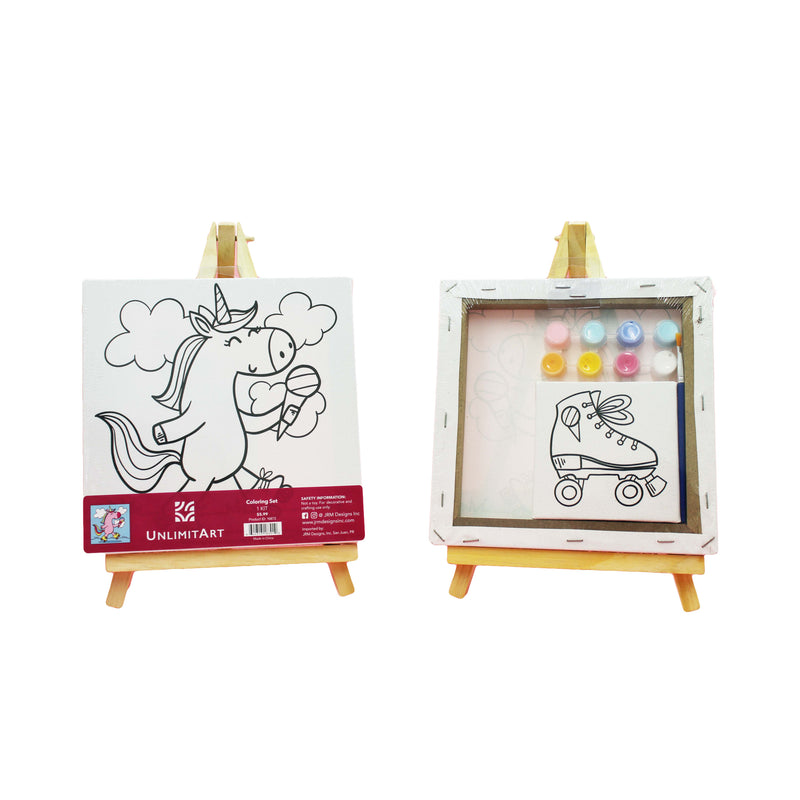 Double Coloring Set Canvas with Acrylic Paint Set and Brush- Unicorn & Roller Skate