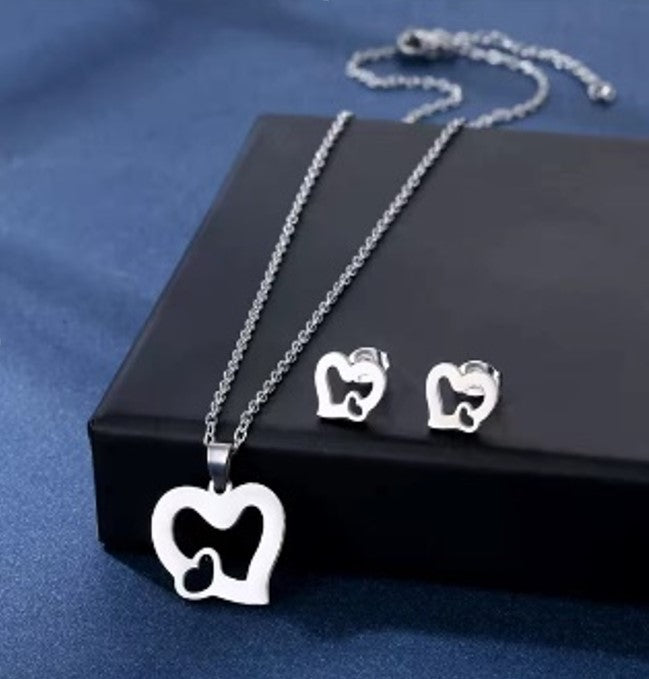 Stainless Steel Earring and Necklace Set (Hearts)