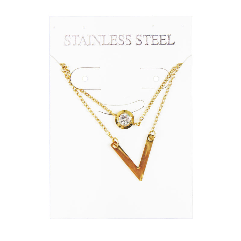Stainless Steel Chain Layer Necklace (V Connector & Rhinestone)