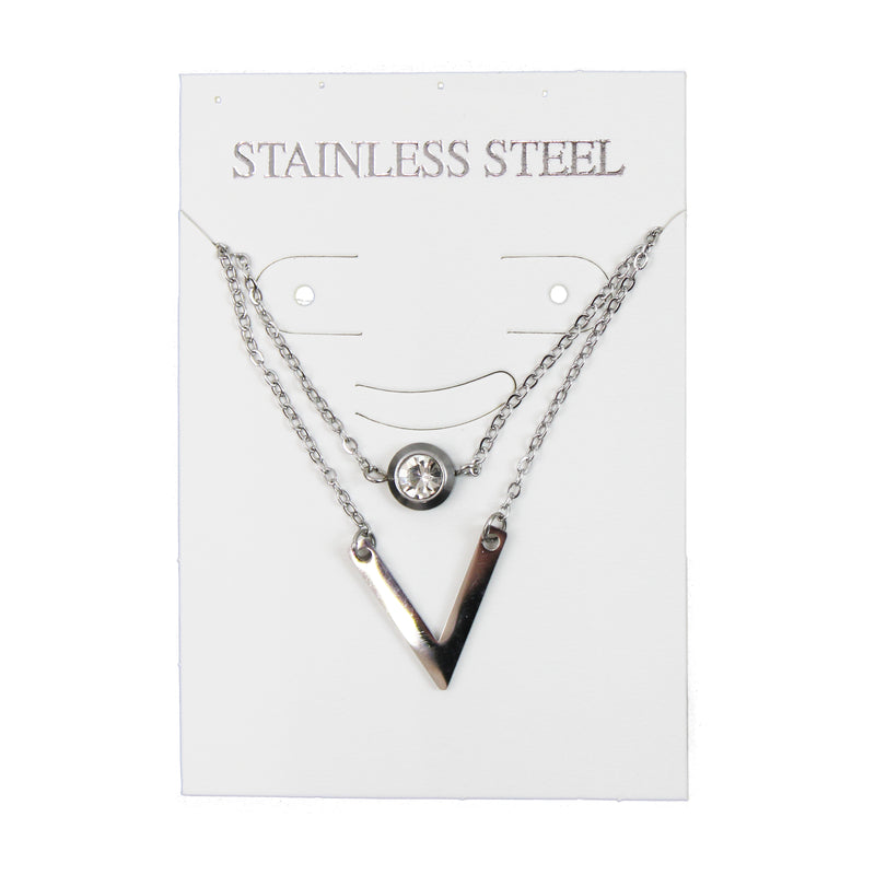 Stainless Steel Chain Layer Necklace (V Connector & Rhinestone)