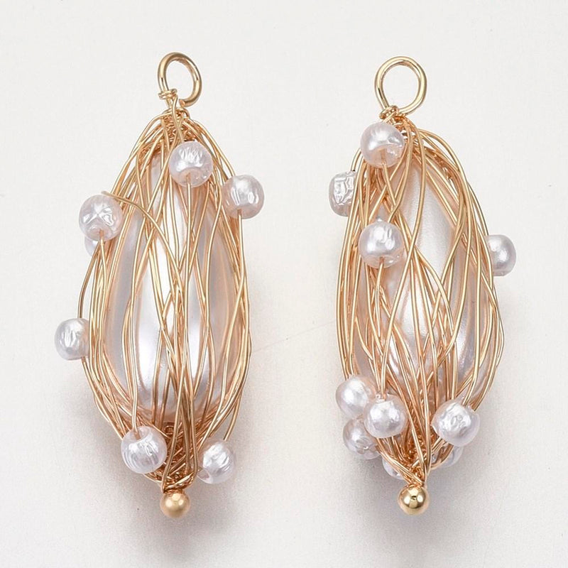Brass Light Gold Teardrop Plastic Pendant with Pearls