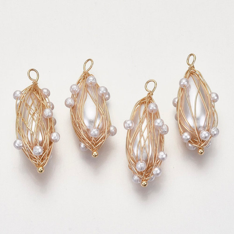 Brass Light Gold Teardrop Plastic Pendant with Pearls